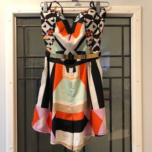 NWOT Bebe White Orange Pink Blue Gold Belt Romper